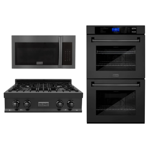 ZLINE Kitchen Appliance Packages ZLINE Appliance Package - 30" Professional Double Wall Oven, 30" Rangetop, Over The Range Convection Microwave With Modern Handle In Black Stainless Steel, 3KP-RTBOTR30-AWD
