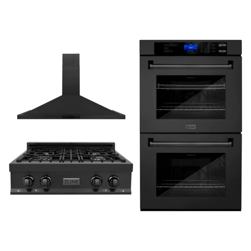 ZLINE Kitchen Appliance Packages ZLINE Appliance Package - 30" Professional Double Wall Oven, 30" Rangetop, Range Hood In Black Stainless Steel, 3KP-RTBRH30-AWD