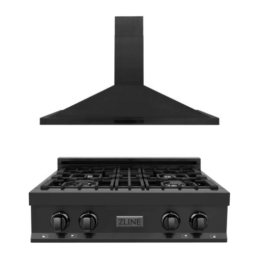 ZLINE Appliance Package - 30" Rangetop With 4 Gas Burners, Range Hood In Black Stainless Steel, 2KP-RTBRH30