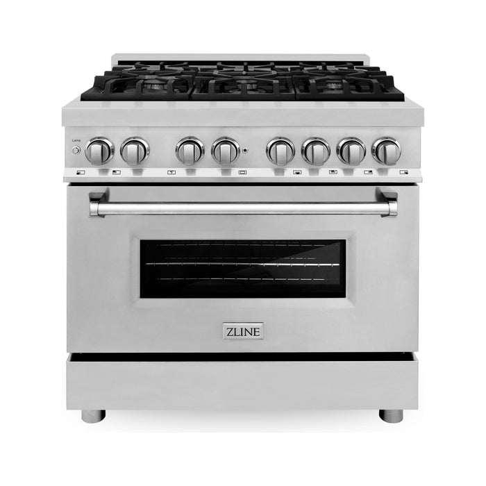 ZLINE Appliance Package - 36" Dual Fuel Range, Range Hood, Microwave Drawer, Dishwasher, Refrigerator with Water and Ice Dispenser, 5KPRW-RARH30-MWDWM