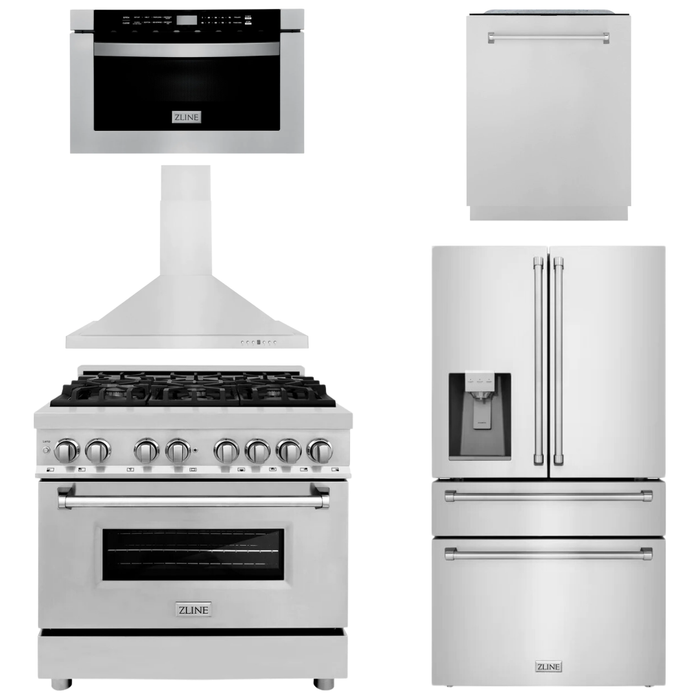 ZLINE Appliance Package - 36" Dual Fuel Range, Range Hood, Microwave Drawer, Dishwasher, Refrigerator with Water and Ice Dispenser, 5KPRW-RARH30-MWDWM