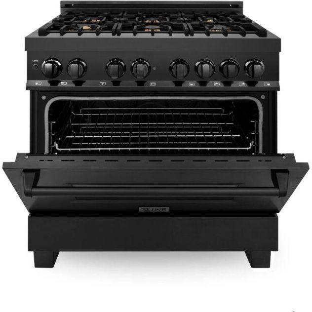 ZLINE Kitchen Appliance Packages ZLINE Appliance Package - 36" Gas Burner/Electric Oven, Range Hood, Refrigerator With Water And Ice Dispenser, Dishwasher And Microwave In Black Stainless Steel, 5KPRW-RABRH36-MWDWV