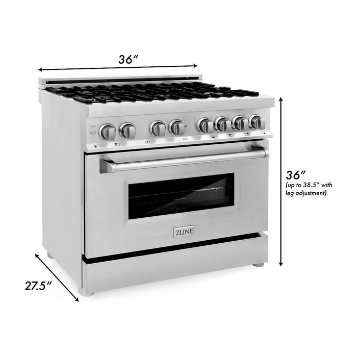 ZLINE Appliance Package - 36 In. Dual Fuel Range, Range Hood, Microwave Drawer, Dishwasher, Refrigerator with Water and Ice Dispenser, 5KPRW-RARH36-MWDWV