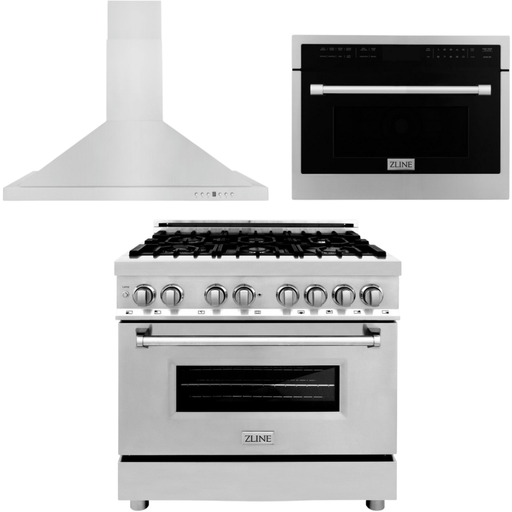 ZLINE Appliance Package - 36 In. Dual Fuel Range, Range Hood, Microwave Oven in Stainless Steel, 3KP-RARHMWO-36