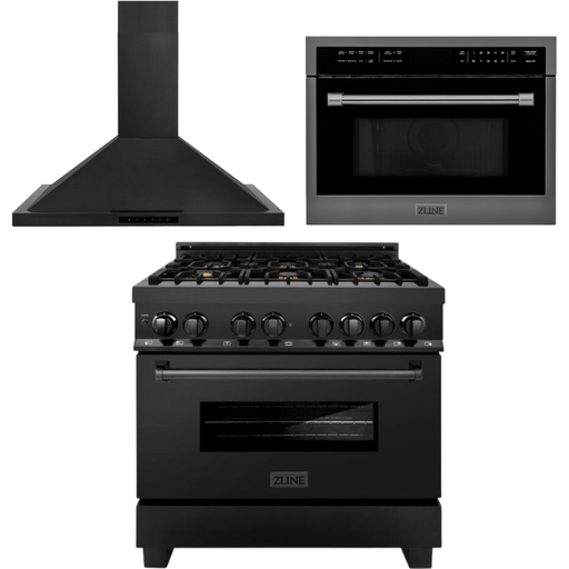 ZLINE Kitchen Appliance Packages ZLINE Appliance Package - 36 In. Dual Fuel Range with Brass Burners, Range Hood, Microwave Oven in Black Stainless Steel, 3KP-RABRHMWO-36