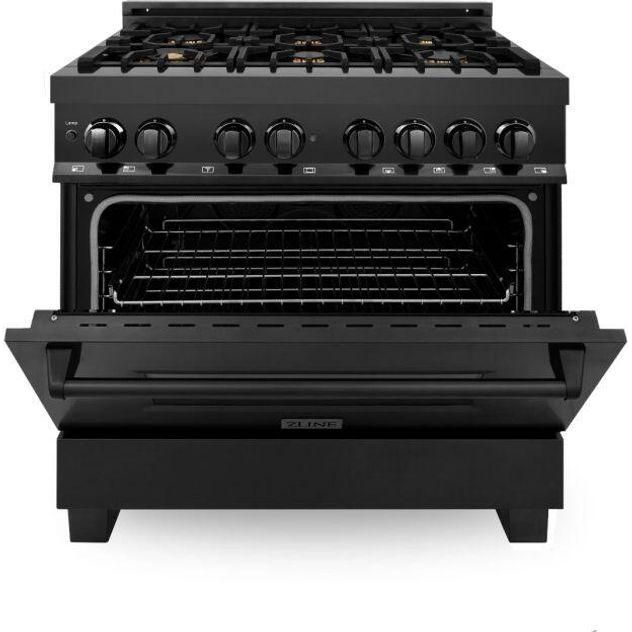 ZLINE Appliance Package - 36 In. Dual Fuel Range with Brass Burners, Range Hood, Microwave Oven in Black Stainless Steel, 3KP-RABRHMWO-36