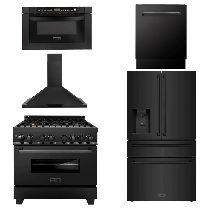 ZLINE Appliance Package - 36 in. Gas Burner/Electric Oven, Range Hood, Refrigerator With Water And Ice Dispenser, Dishwasher And Microwave In Black Stainless Steel, 5KPRW-RABRH36-MWDWV