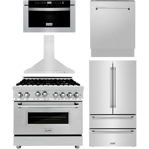 ZLINE Appliance Package - 36 in. Gas Range, 36 in. Range Hood, Microwave Drawer, 3 Rack Dishwasher, Refrigerator, 5KPR-RGRH36-MWDWV