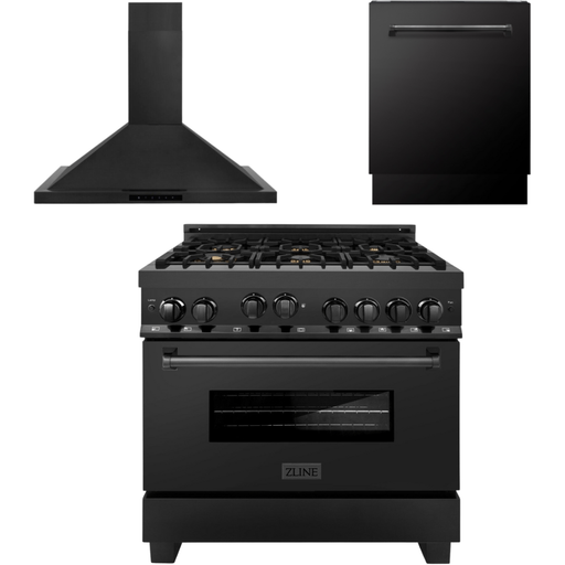 ZLINE Appliance Package - 36 In. Gas Range, Range Hood, Dishwasher in Black Stainless Steel, 3KP-RGBRH36-DWV