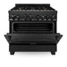 ZLINE Appliance Package - 36 in. Gas Range, Range Hood, Microwave Drawer, Refrigerator in Black Stainless, 4KPR-RGBRH36-MW