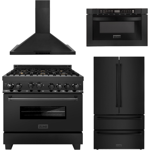 ZLINE Appliance Package - 36 in. Gas Range, Range Hood, Microwave Drawer, Refrigerator in Black Stainless, 4KPR-RGBRH36-MW