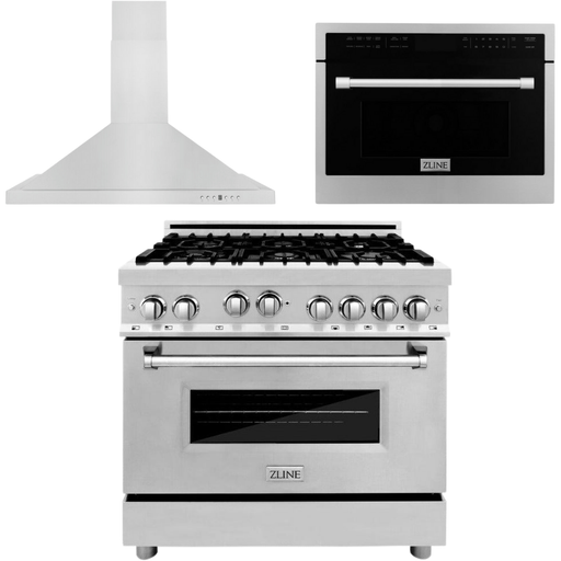 ZLINE Appliance Package - 36 In. Gas Range, Range Hood, Microwave Oven in Stainless Steel, 3KP-RGRHMWO-36