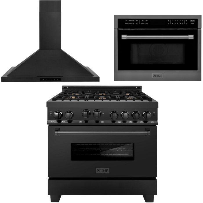 ZLINE Appliance Package - 36 In. Gas Range with Brass Burners, Range Hood, Microwave Oven in Black Stainless Steel, 3KP-RGBRHMWO-36