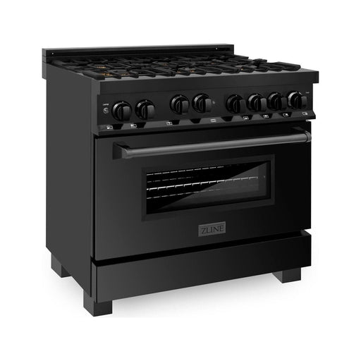 ZLINE Appliance Package - 36 In. Gas Range with Brass Burners, Range Hood, Microwave Oven in Black Stainless Steel, 3KP-RGBRHMWO-36