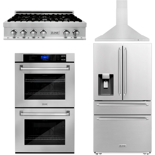 ZLINE Kitchen Appliance Packages ZLINE Appliance Package - 36 In. Rangetop, Range Hood, Refrigerator with Water and Ice Dispenser and Double Wall Oven, 4KPRW-RTRH36-AWD