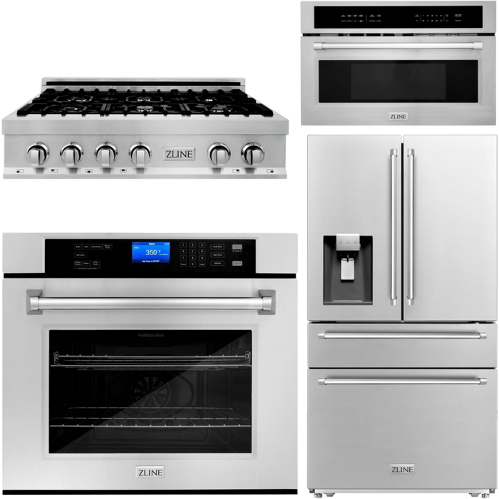 ZLINE Appliance Package - 36 In. Rangetop, Refrigerator with Water and Ice Dispenser, Microwave and Wall Oven in Stainless Steel, 4KPRW-RT36-MWAWS