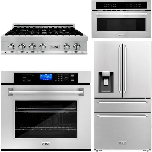 ZLINE Kitchen Appliance Packages ZLINE Appliance Package - 36 In. Rangetop, Refrigerator with Water and Ice Dispenser, Microwave and Wall Oven in Stainless Steel, 4KPRW-RT36-MWAWS