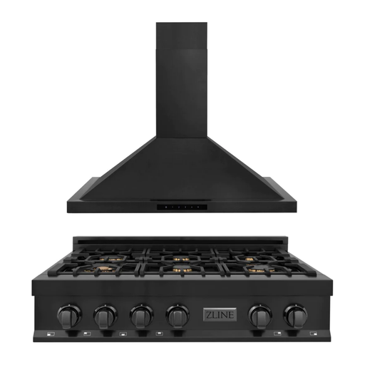 ZLINE Appliance Package - 36 in. Rangetop With 6 Gas Burners, Range Hood In Black Stainless Steel, 2KP-RTBRH36