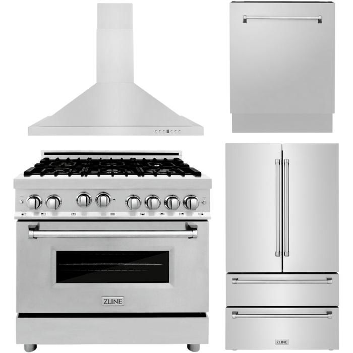 ZLINE Appliance Package - 36 Inch Gas Range, Range Hood, 3 Rack Dishwasher, Refrigerator, 4KPR-RGRH36-DWV