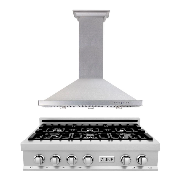 ZLINE Appliance Package - 36" Rangetop With 6 Gas Burners, Range Hood in DuraSnow® Stainless Steel, 2KP-RTSRH36