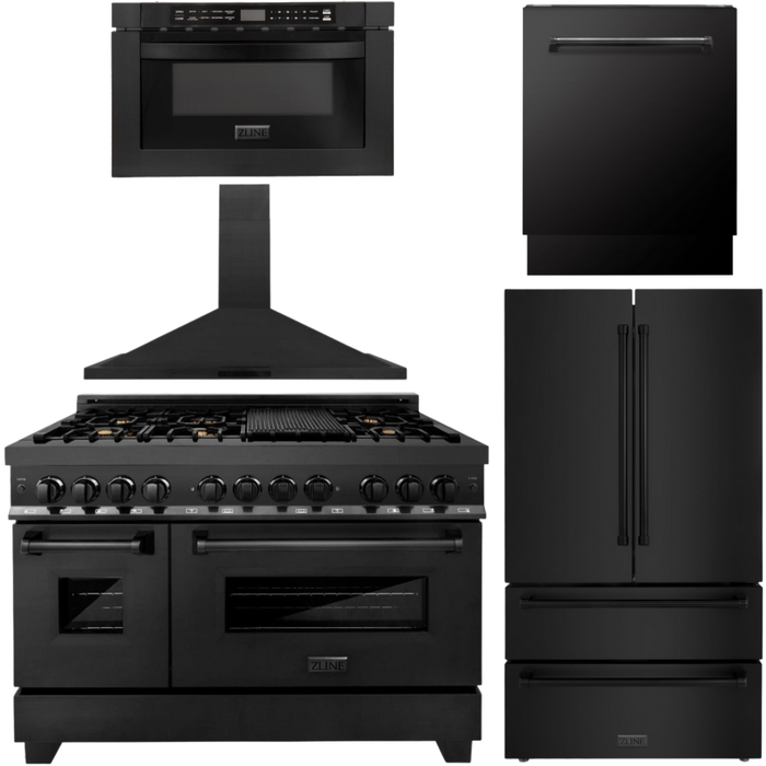 ZLINE Appliance Package - 48" Gas Burner/Electric Oven, Range Hood, Refrigerator With Water And Ice Dispenser, Dishwasher And Microwave In Black Stainless Steel, 5KPRW-RABRH48-MWDWV