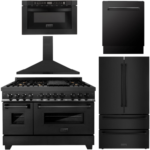 ZLINE Kitchen Appliance Packages ZLINE Appliance Package - 48" Gas Burner/Electric Oven, Range Hood, Refrigerator With Water And Ice Dispenser, Dishwasher And Microwave In Black Stainless Steel, 5KPRW-RABRH48-MWDWV