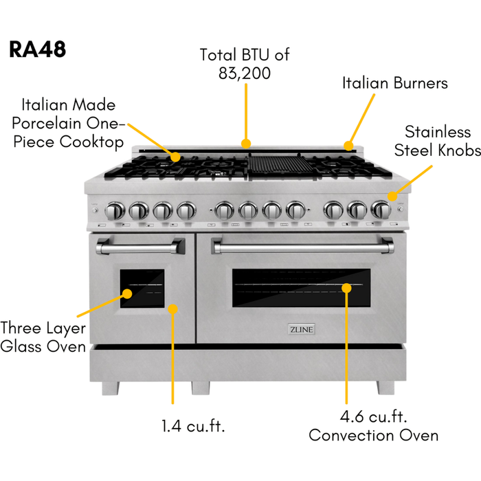 ZLINE Appliance Package - 48 in. Dual Fuel Range, Range Hood, 3 Rack Dishwasher, Refrigerator, 4KPR-RARH48-DWV