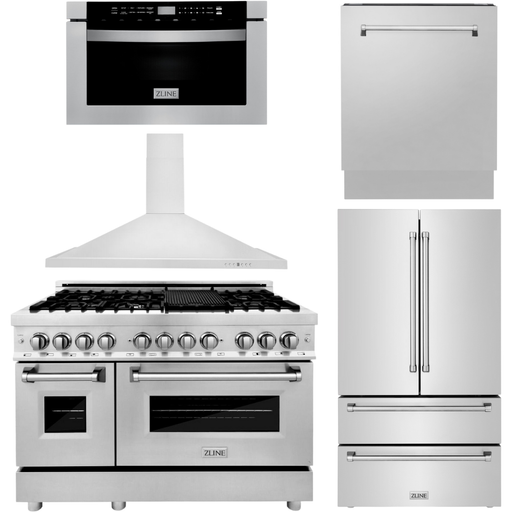 ZLINE Appliance Package - 48 in. Dual Fuel Range, Range Hood, Microwave Drawer, 3 Rack Dishwasher, Refrigerator, 5KPR-RARH48-MWDWV