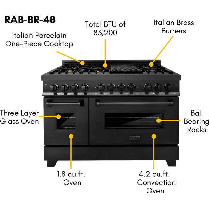 ZLINE Appliance Package - 48 in. Dual Fuel Range, Range Hood, Microwave Drawer, Dishwasher, Refrigerator, 5KPR-RABRH48-MWDWV