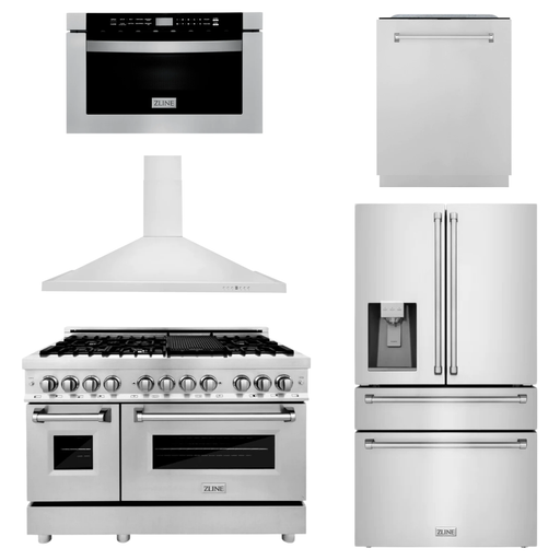 ZLINE Appliance Package - 48 in. Dual Fuel Range, Range Hood, Microwave Drawer, Dishwasher, Refrigerator with Water and Ice Dispenser, 5KPRW-RARH30-MWDWM