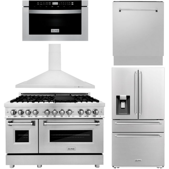 ZLINE Kitchen Appliance Packages ZLINE Appliance Package - 48 in. Dual Fuel Range, Range Hood, Microwave Drawer, Dishwasher, Refrigerator with Water and Ice Dispenser, 5KPRW-RARH48-MWDWV