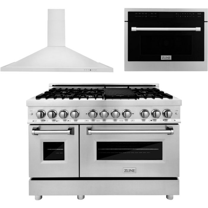 ZLINE Appliance Package - 48 In. Dual Fuel Range, Range Hood, Microwave Oven in Stainless Steel, 3KP-RARHMWO-48