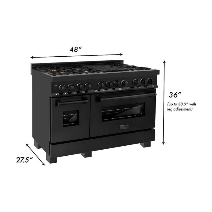 ZLINE Appliance Package - 48 In. Dual Fuel Range with Brass Burners, Microwave Oven, Range Hood in Black Stainless Steel, 3KP-RABRHMWO-48