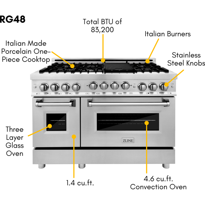 ZLINE Appliance Package - 48 in. Gas Range, Range Hood, Microwave Drawer, 3 Rack Dishwasher, Refrigerator, 5KPR-RGRH48-MWDWV