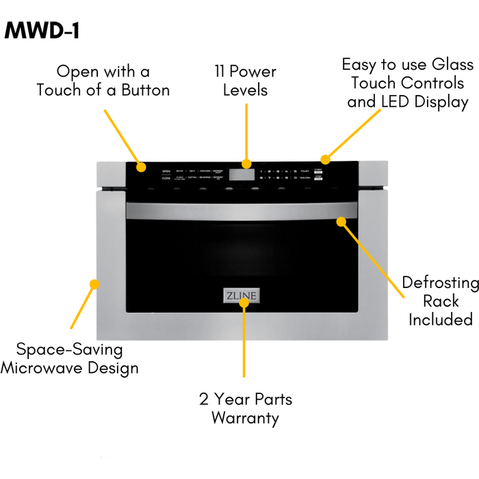 ZLINE Appliance Package - 48 In. Gas Range, Range Hood, Microwave Drawer, Refrigerator with Water and Ice Dispenser and Dishwasher in Stainless Steel, 5KPRW-RGRH48-MWDWV