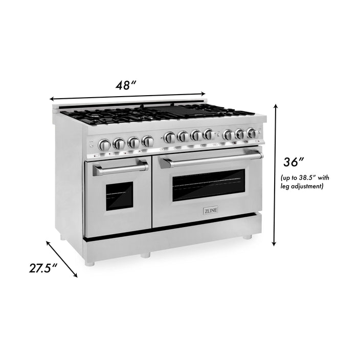 ZLINE Kitchen Appliance Packages ZLINE Appliance Package - 48 In. Gas Range, Range Hood, Microwave Drawer, Refrigerator with Water and Ice Dispenser and Dishwasher in Stainless Steel, 5KPRW-RGRH48-MWDWV