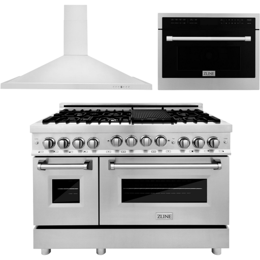 ZLINE Appliance Package - 48 In. Gas Range, Range Hood, Microwave Oven in Stainless Steel, 3KP-RGRHMWO-48