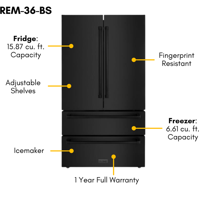 ZLINE Appliance Package - 48 In. Gas Range, Refrigerator, Range Hood, Microwave Drawer in Black Stainless Steel, 4KPR-RGBRH48-MW