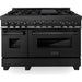 ZLINE Appliance Package - 48 In. Gas Range, Refrigerator, Range Hood, Microwave Drawer in Black Stainless Steel, 4KPR-RGBRH48-MW