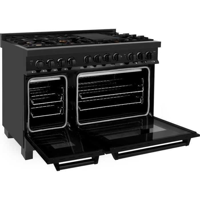 ZLINE Kitchen Appliance Packages ZLINE Appliance Package - 48 In. Gas Range, Refrigerator, Range Hood, Microwave Drawer in Black Stainless Steel, 4KPR-RGBRH48-MW