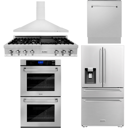 ZLINE Kitchen Appliance Packages ZLINE Appliance Package - 48 In. Gas Rangetop, Range Hood, Refrigerator with Water and Ice Dispenser, Dishwasher and Double Wall Oven in Stainless Steel, 5KPRW-RTRH48-AWDDWV