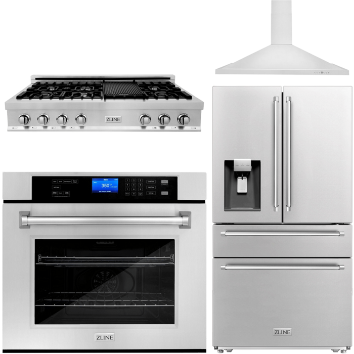 ZLINE Appliance Package - 48 In. Rangetop, Range Hood, Refrigerator with Water and Ice Dispenser and Wall Oven in Stainless Steel, 4KPRW-RTRH48-AWS