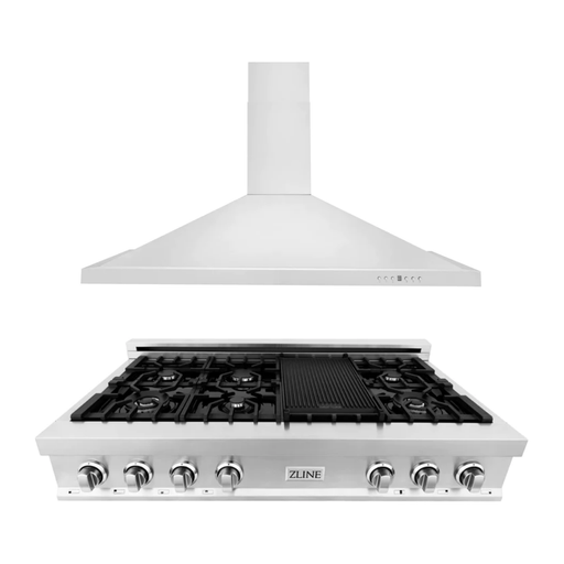 ZLINE Appliance Package - 48" Rangetop With 4 Gas Burners, Range Hood In Stainless Steel, 2KP-RTRH48