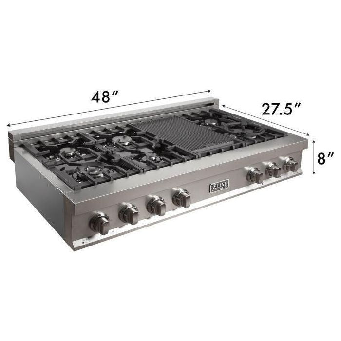 ZLINE Appliance Package - 48" Rangetop With 7 Gas Burners, Range Hood in DuraSnow® Stainless Steel, 2KP-RTSRH48