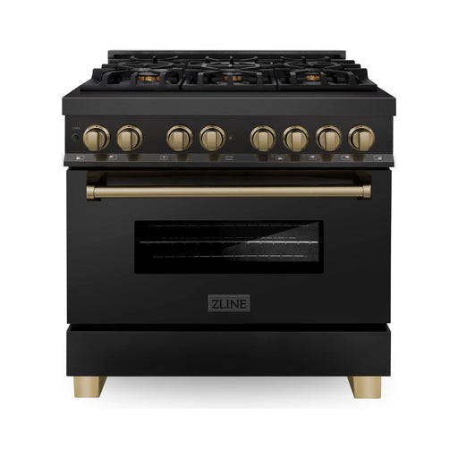 ZLINE Autograph 36 in. Range with Gas Burner and Electric Oven In Black Stainless Steel with Champagne Bronze Accents RABZ-36-CB