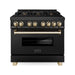 ZLINE Autograph 36 in. Range with Gas Burner and Electric Oven In Black Stainless Steel with Gold Accents RABZ-36-G