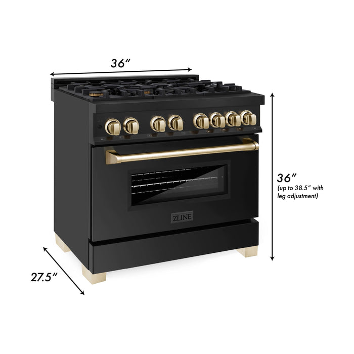 ZLINE Autograph 36 in. Range with Gas Burner and Electric Oven In Black Stainless Steel with Gold Accents RABZ-36-G