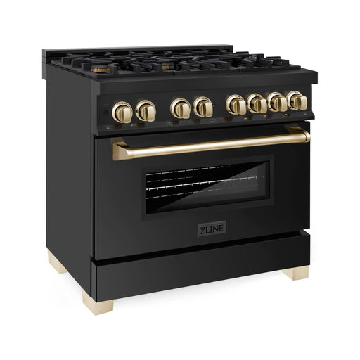 ZLINE Autograph 36 in. Range with Gas Burner and Electric Oven In Black Stainless Steel with Gold Accents RABZ-36-G