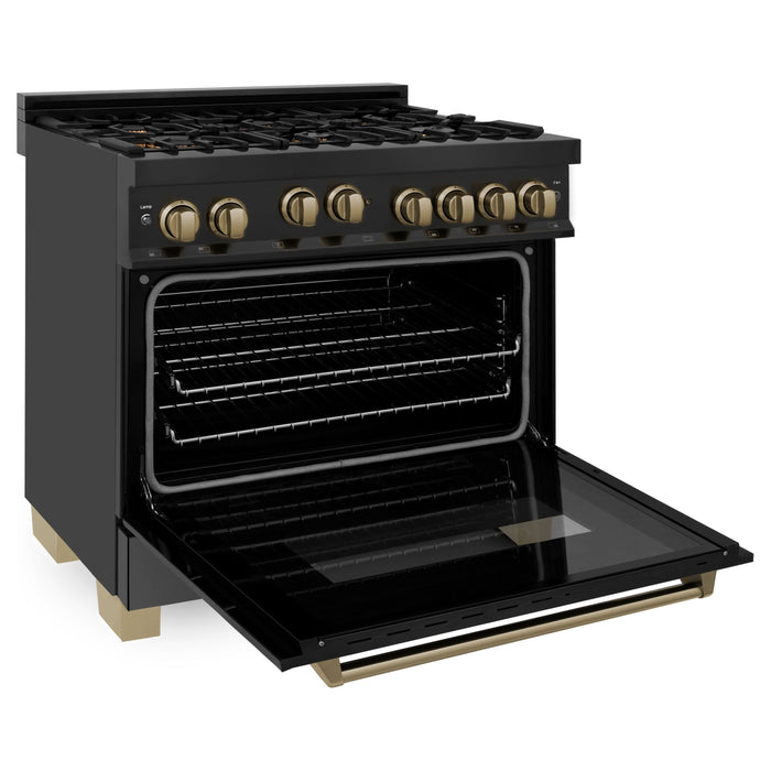 ZLINE Ranges ZLINE Autograph 36 in. Range with Gas Burner and Gas Oven In Black Stainless Steel with Champagne Bronze Accents RGBZ-36-CB