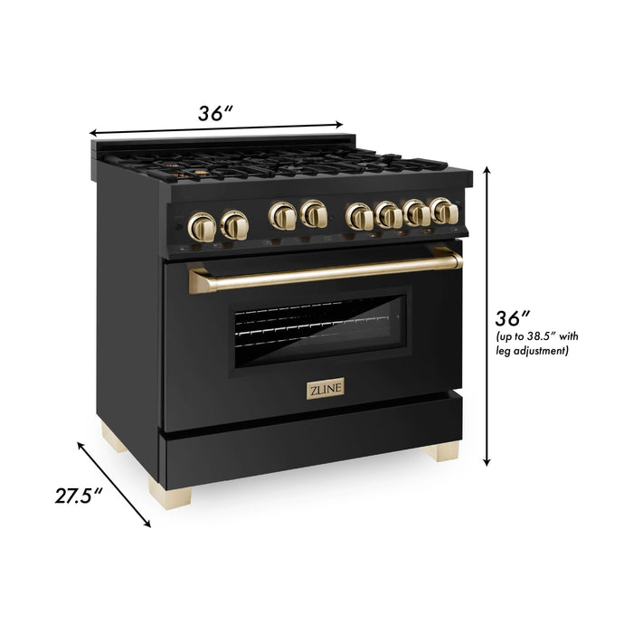 ZLINE Autograph 36 in. Range with Gas Burner and Gas Oven In Black Stainless Steel with Gold Accents RGBZ-36-G